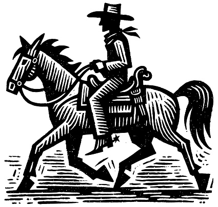Cowboy riding horse, stylized linocut print, black and white.