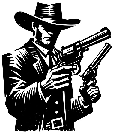 Woodcut style illustration of cowboy drawing his guns.