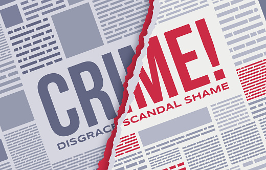 Crime danger disgrace scandal shame breaking news newspaper urgent headline background.