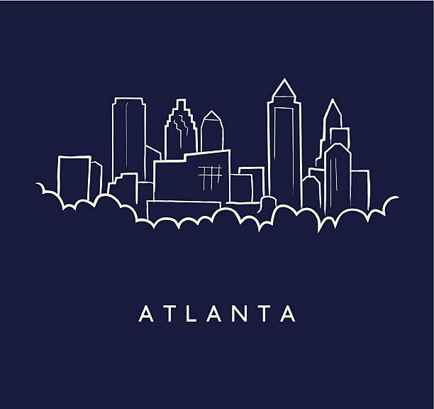Atlanta Skyline Sketch Hand drawn sketch of the Atlanta skyline on a purple background with text below atlanta skyline stock illustrations