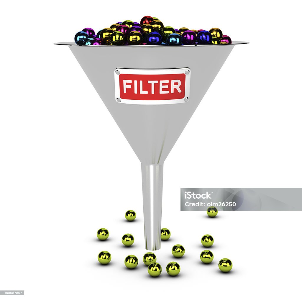 Web Content or SPAM Filter Concept One funnel with colorful balls, white background. Conceptual image suitable for web content filter concept. Lighting Technique Stock Photo