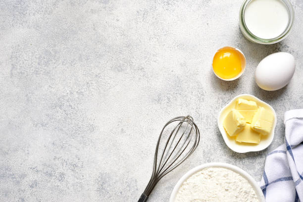 Culinary background with ingredients for baking . Top view with copy space.
