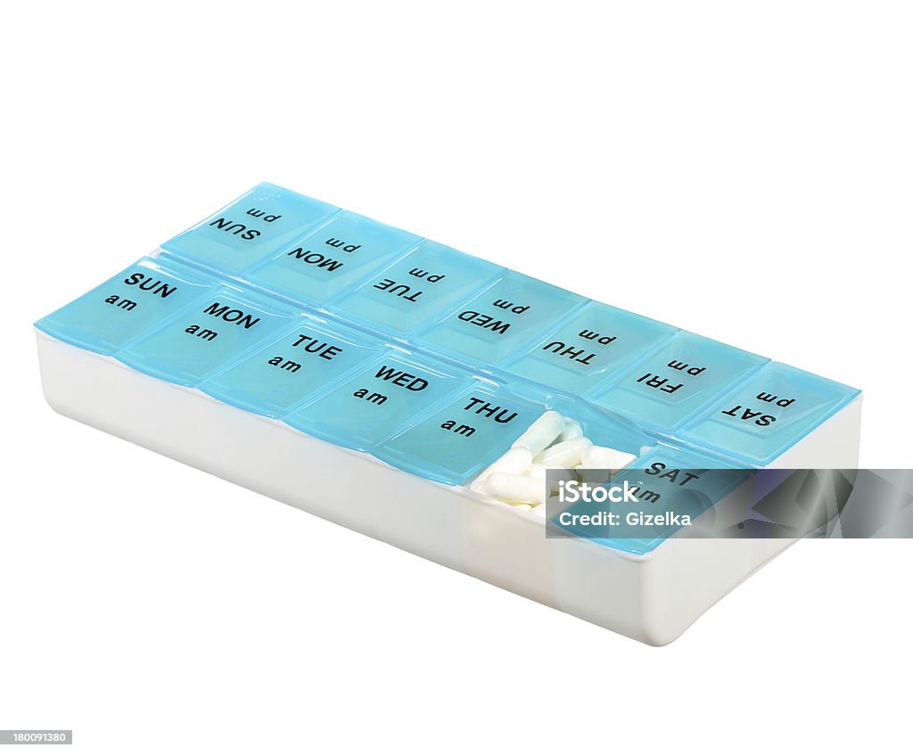 医学線量ボックス型。毎週の投与量のブルーの錠剤ディスペンサ - ヘルスケアと医療のロイヤリティフリーストックフォト