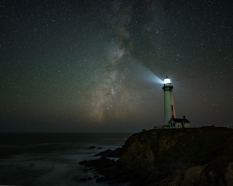 Milky Way over Pigeon Lighthouse near Pescadero, California.