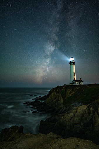 Milky Way over Pigeon Lighthouse near Pescadero, California.