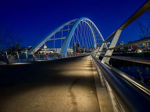 Edmonton, Alberta - November 14, 2023: The modern Walterdale Bridge spanning the North Saskatchewan River in Edmonton