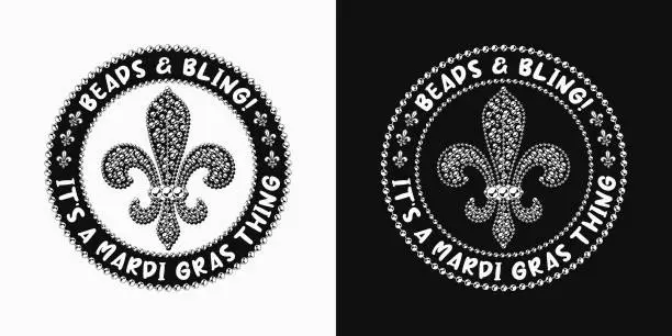 Vector illustration of Circular black and white carnival Mardi Gras label. Fleur de Lis sign with mosaic of beads. Text Beads Bling Mardi Gras thing. For prints, clothing, plate, apparel, t shirt, surface design