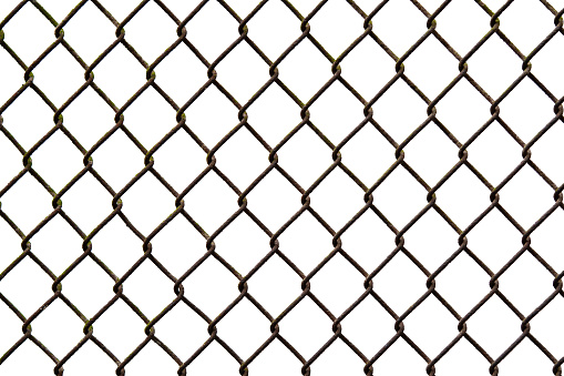 Metal grille. Wire fence isolated on white background. Steel, iron, metal mesh on a white background, a square cell.