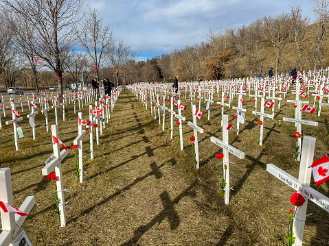 Calgary, Alberta - November 11, 2023: The Field of Crosses on Remembrance Day along Memorial Drive in Calgary, Alberta