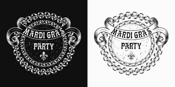 Vector illustration of Circular label with strings of beads, party streamer, fleur de lis sign, twisted ribbon with text Vintage illustration for Mardi Gras carnival For prints, clothing, t shirt, holiday goods stuff design