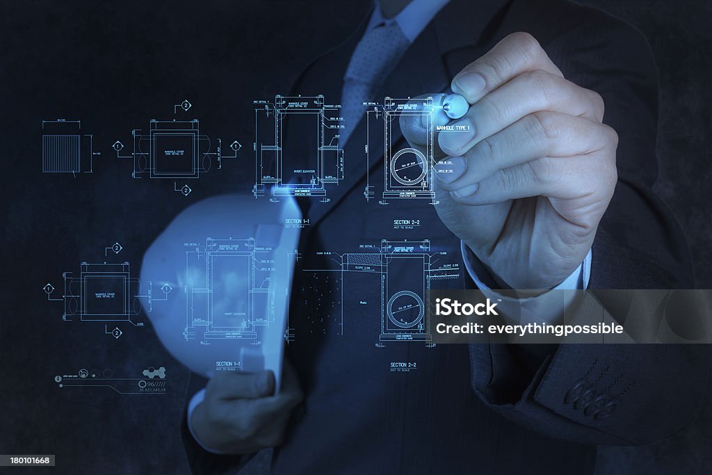 engineer drawing main hole sanitary diagram engineer drawing main hole sanitary diagram on virtual board Blueprint Stock Photo