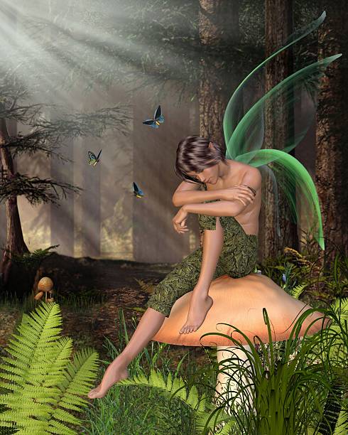 Woodland Fairy Boy Sitting on a Toadstool Fairy Boy with green gossamer wings sitting on a toadstool in a woodland glade half-asleep, 3d digitally rendered illustration. elf sitting stock pictures, royalty-free photos & images