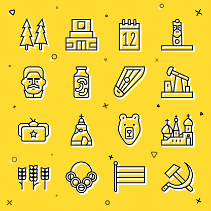 Set line Hammer and sickle USSR, Saint Basil's Cathedral, Oil pump or pump jack, Calendar 12 june, Pickled cucumbers jar, Joseph Stalin, Christmas tree and Kankles icon. Vector