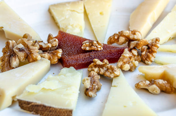Plate of typical Spanish tapas, cured cheese, quince and nuts
