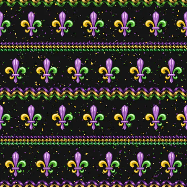 Vector illustration of Mardi Gras seamless pattern with Fleur de Lis symbol, strings of beads, party streamers, spiral ribbons. Geometric pattern with horizontal stripes on textured black background. Not AI