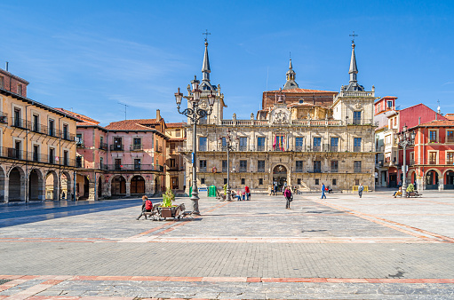 Leon, Spain - March 9, 2014: People in the Plaza Mayor (main square) of Leon, Castile and Leon, Spain