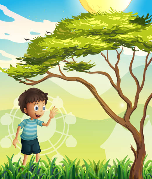 illustrazioni stock, clip art, cartoni animati e icone di tendenza di bambino felice vicino all'albero - noontime