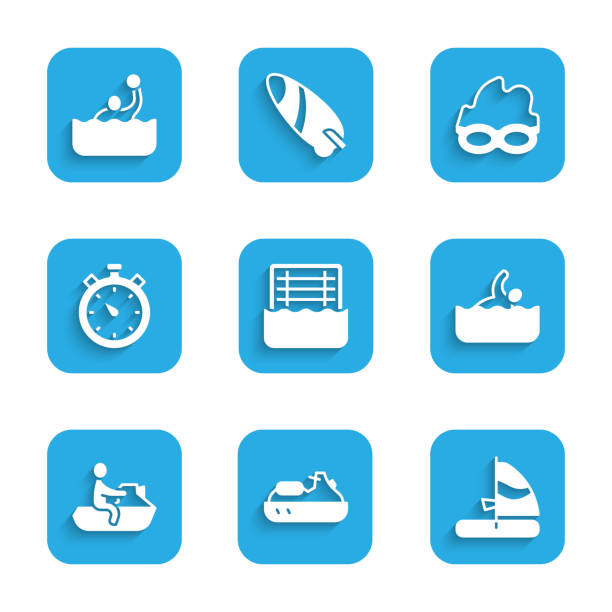 ilustrações, clipart, desenhos animados e ícones de conjunto polo aquático, jet ski, windsurf, nadador, cronômetro, óculos para nadar e ícone. vetor - water polo swimming symbol computer icon