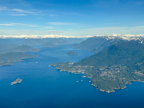 Vancouver, BC - November 16, 2023: Aerial views of the entrance to Howe Sound in the BC Lower Mainland