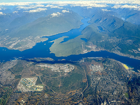 Vancouver, BC - November 16, 2023: Aerial views of Burrard Inlet and Indian Arm in the BC Lower Mainland