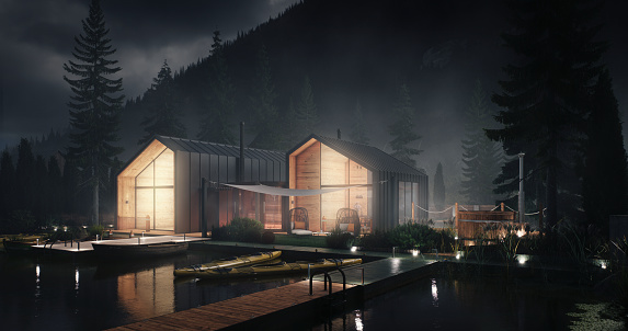 Digitally generated scenery that captures the peaceful ambiance of two modern lakeside cabins illuminated against the twilight cloudy sky. Surrounded by lofty pine trees and enveloped in a gentle mist, the scene evokes a sense of tranquility and seclusion. The reflections on the calm lake waters and the glowing interior lights invite viewers into a serene, natural setting.

The scene was created in Autodesk® 3ds Max 2024 with V-Ray 6 and rendered with photorealistic shaders and lighting in Chaos® Vantage with some post-production added.