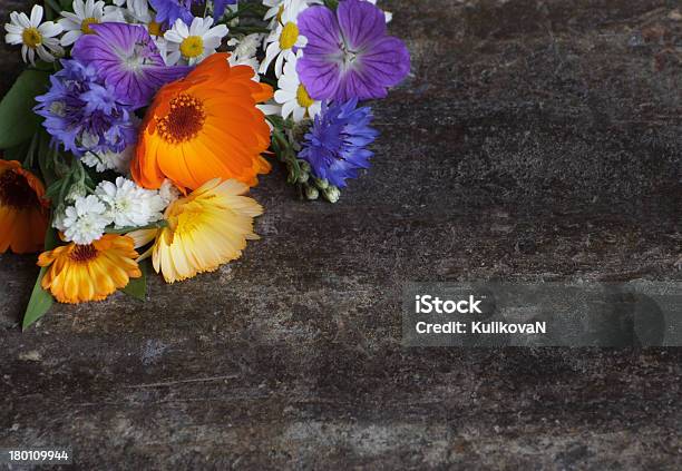 Photo libre de droit de Carte De La Saintvalentin Fleurs Sauvages Sur La Table banque d'images et plus d'images libres de droit de Bleuet des champs