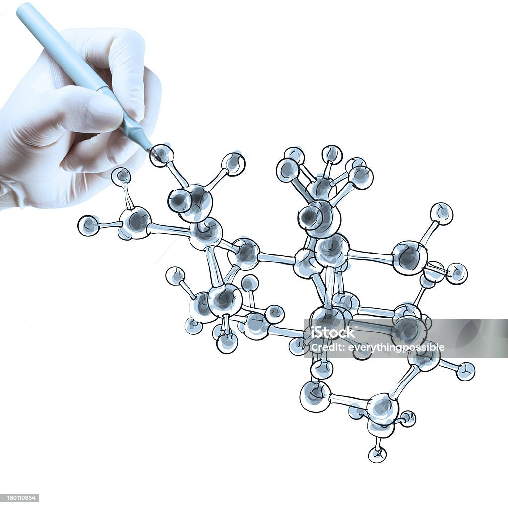 Ученый доктор Рука привлекает виртуальный молекулярной структуры - Стоковые фото Биология роялти-фри