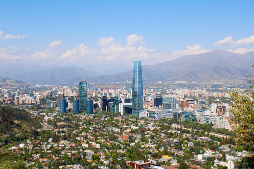 View business buildings in Providencia from San Cristobal Hill, Santiago Metropolitan Region, Chile