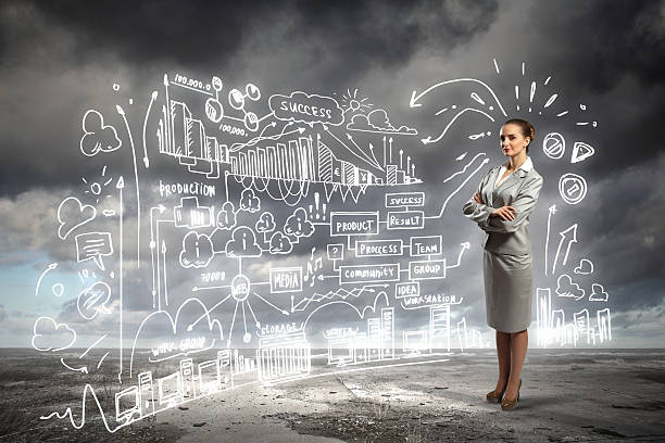 istock A business woman and a virtual visualization of her thoughts 180113644