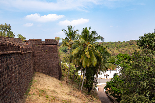 Stone walls of the Bekal Fort in Kasargod, Kerala, India