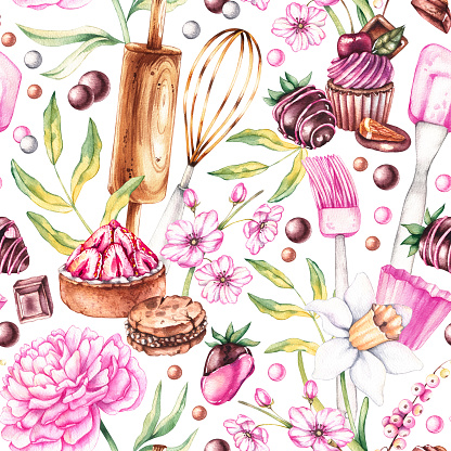 Watercolor seamless pattern with desserts, baking tools, flowers. Pattern on white for textile design, packaging, cards, invitations, menus and restaurants