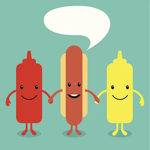 Vector illustration of Happy Hot Dog with Catsup and Mustard