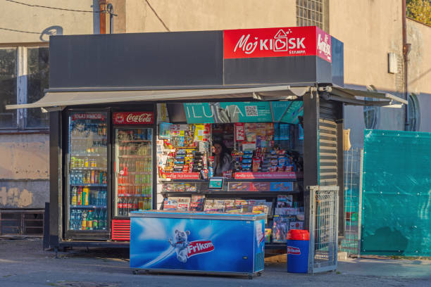 Krusevac, Serbia - October 12, 2023: My Kiosk Newsagent Shop at Jaksiceva Street Near Farmers Market Autumn Day.