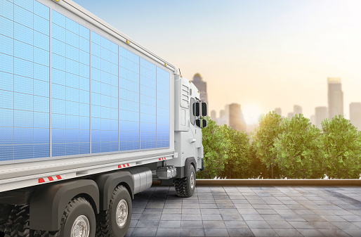 3d rendering ev logistic trailer truck or electric vehicle lorry with source of energy from solar panel