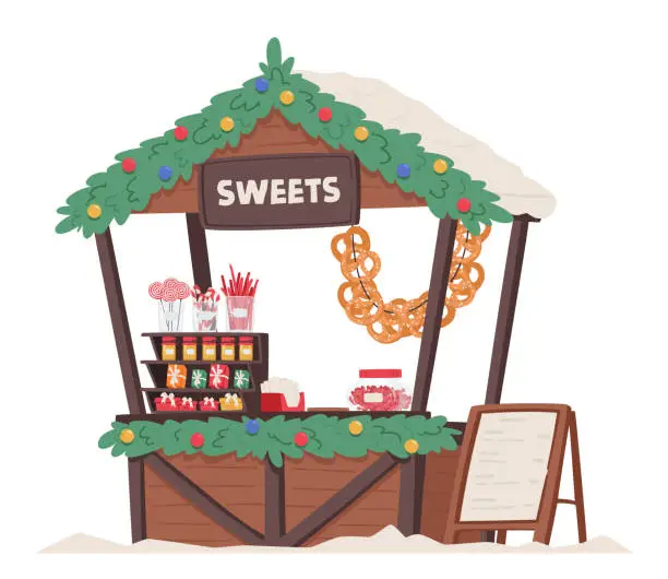 Vector illustration of Christmas Fair Stall With Colorful Sweets and Pastry, Candy Canes, And Gingerbread Treats, Bagels, Exuding Festive Charm