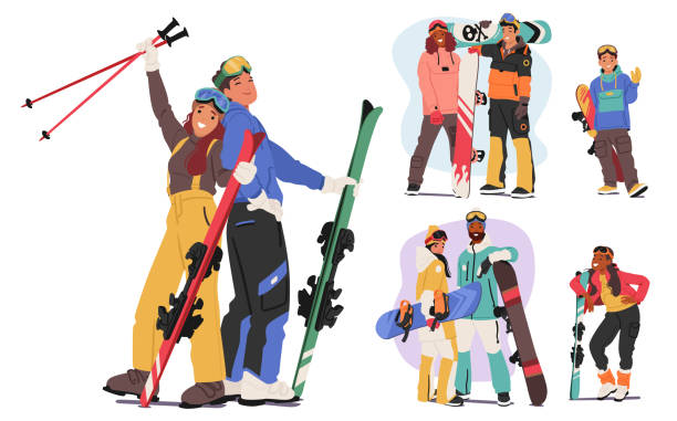 ilustraciones, imágenes clip art, dibujos animados e iconos de stock de los personajes esquiadores y snowboarders adoptan poses dinámicas. adultos y jóvenes capturan la emoción de los deportes de invierno - snowboarding snowboard women teenager