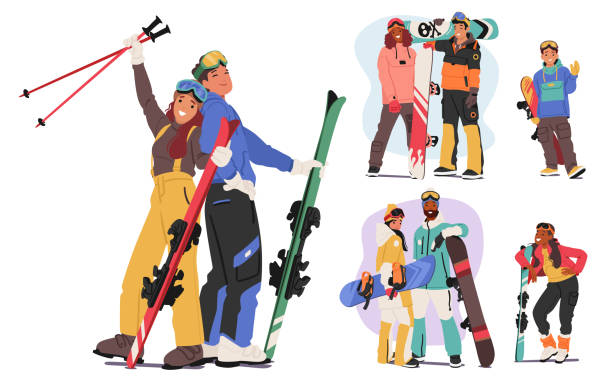 ilustrações, clipart, desenhos animados e ícones de esquiadores e personagens de snowboarder fazem poses dinâmicas. adultos e jovens capturando a emoção dos esportes de inverno - snowboarding snowboard women teenager