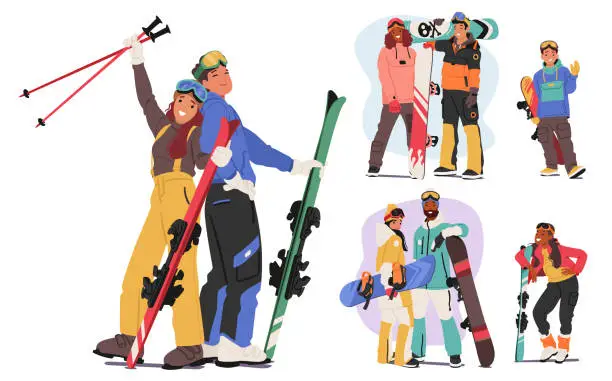 Vector illustration of Skiers And Snowboarder Characters Strike Dynamic Poses. Adult and Young People Capturing The Thrill Of Winter Sports