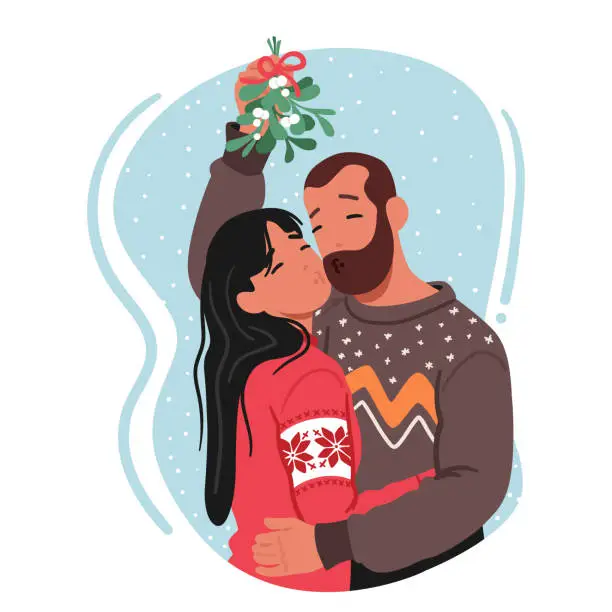 Vector illustration of Male and Female Couple Characters Embrace, Sharing A Tender Kiss, Beneath The Mistletoe Allure, Vector Illustration