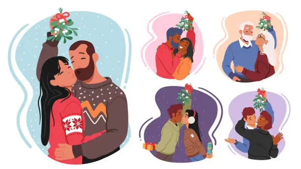 Vector illustration of Set Of Lovers Meet Under Mistletoe, Their Eyes Lock, And They Share A Tender Kiss, Surrounded By The Magic