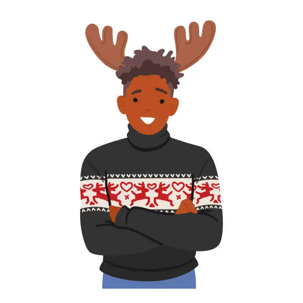 Vector illustration of Black Man In A Festive Christmas Ugly Sweater Dons A Headband With Deer Antlers. Young Character Exuding Holiday Cheer