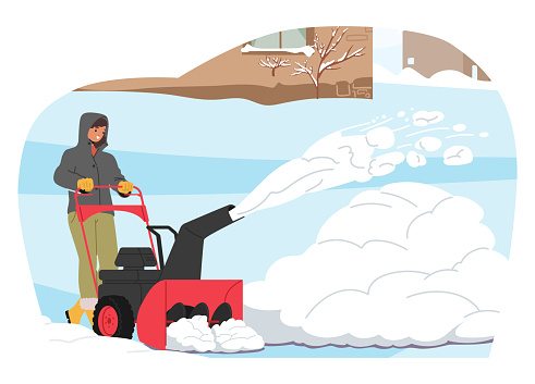 Character Operates A Snowblower at House Front Yard, Shooting Snow From A Machine Chute, Clearing A Snowy Path Efficiently On A Chilly Winter Day. Cartoon People Vector Illustration