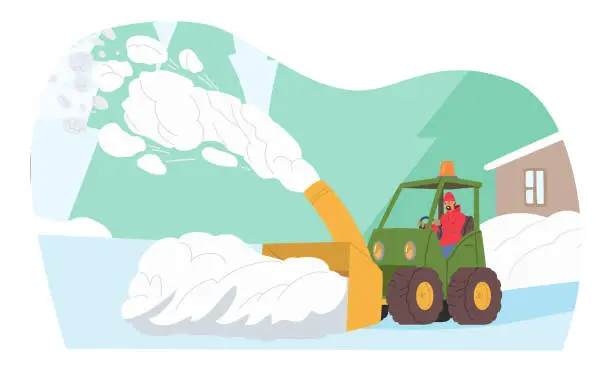 Vector illustration of Character Driving Snowplow Machine. Snowblower Roars To Life, Sending Plumes Of White Snow Into The Air