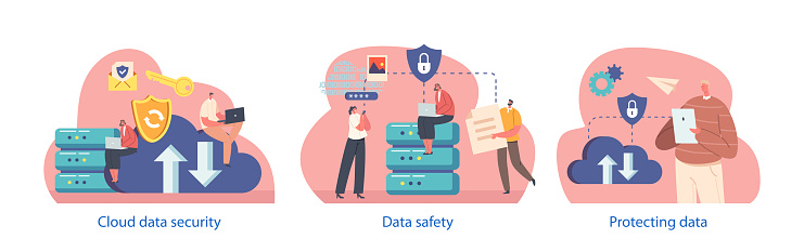 Isolated Vector Elements With Characters Perform Cloud Data Safety Scenes, Ensure Secure Storage, Encryption, And Backup Of Digital Information, Shielding It From Unauthorized Access, Cyber Threats