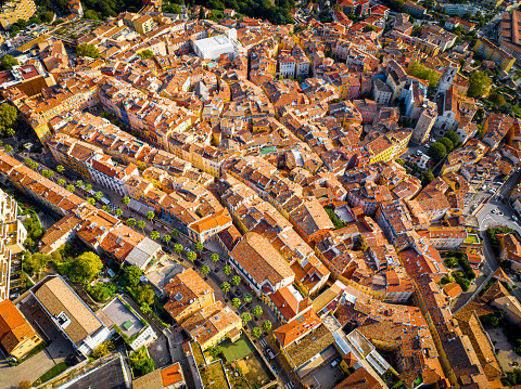 Aerial view of Grasse, a town on the French Riviera, known for its long-established perfume industry, France