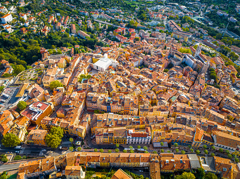 Aerial view of Grasse, a town on the French Riviera, known for its long-established perfume industry, France