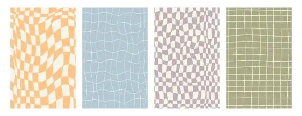 Vector illustration of Set abstract groovy 70s seamless patterns. Checkerboard or pool  hippie backgrounds. Y2k aesthetic. Vector texture.