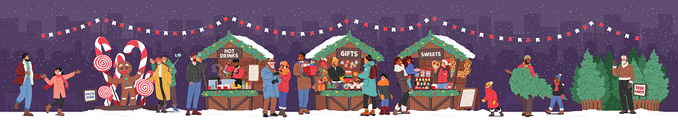 People Gather At The Enchanting Christmas Fair, Amidst The Twinkling Lights, Browsing Stalls, Posing At The Festive Photo Zone And Choosing Trees At The Charming Tree Farm. Cartoon Vector Illustration