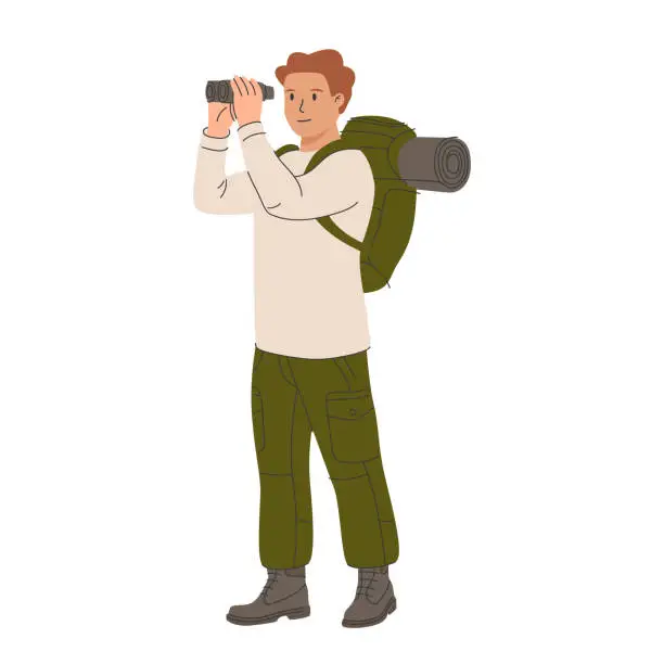 Vector illustration of Man tourist with big bag, backpack. Male traveler hiker travels with camping rucksack and mat. Happy man backpacker.