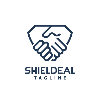 Two hands make a deal in a Shield shape, Shield Deal symbol Symbol Design Template Flat Style Vector